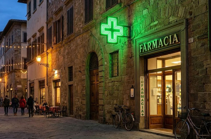 Illuminated green cross sign of an Italian pharmacy.