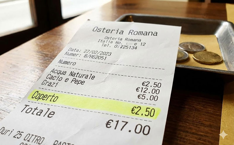 Close up of an Italian restaurant receipt showing the "Coperto" charge itemized.