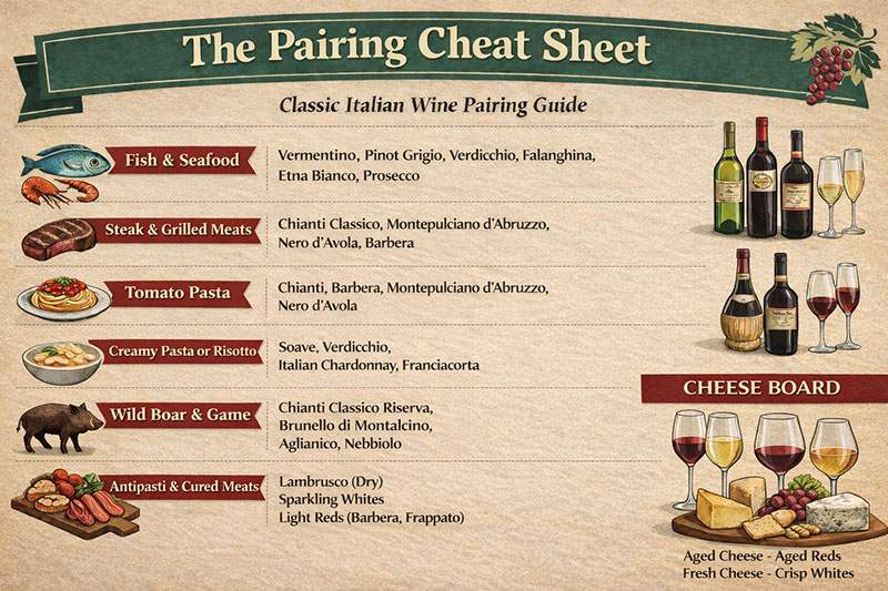 nfographic titled "The Pairing Cheat Sheet" displaying classic Italian wine pairings for seafood, steak, tomato and creamy pastas, wild boar, and antipasti, with a dedicated section for cheese board pairings.