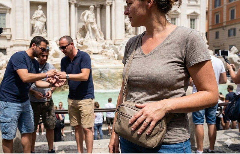 A tourist with a bag worn securely in front at a crowded site, with a bracelet scam happening in the background