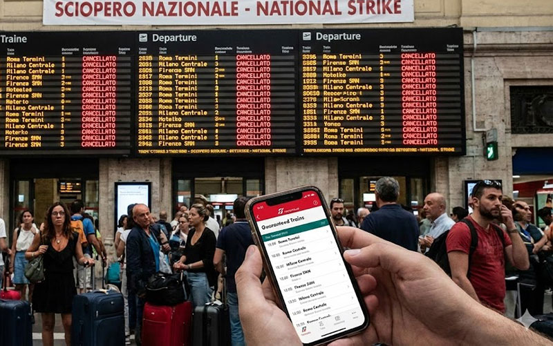 An electronic train departure board in Italy showing several trains listed as "CANCELLATO" (Cancelled) in red text.