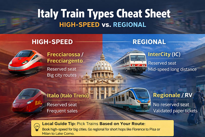 An infographic comparing Italian train types. The left side (red) shows high-speed Frecciarossa and Italo trains with reserved seats. The right side (blue) shows InterCity and Regional trains, highlighting validation rules. A yellow tip box at the bottom explains when to choose each type.
