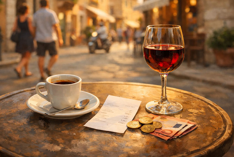 A close-up of an Italian cafe table during golden hour with a cup of espresso, a glass of red wine, and a paper receipt with Euro coins and notes.