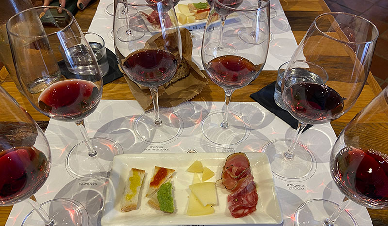 uscan wine tasting flight with multiple glasses of red wine paired with a board of cheese and cured meats.