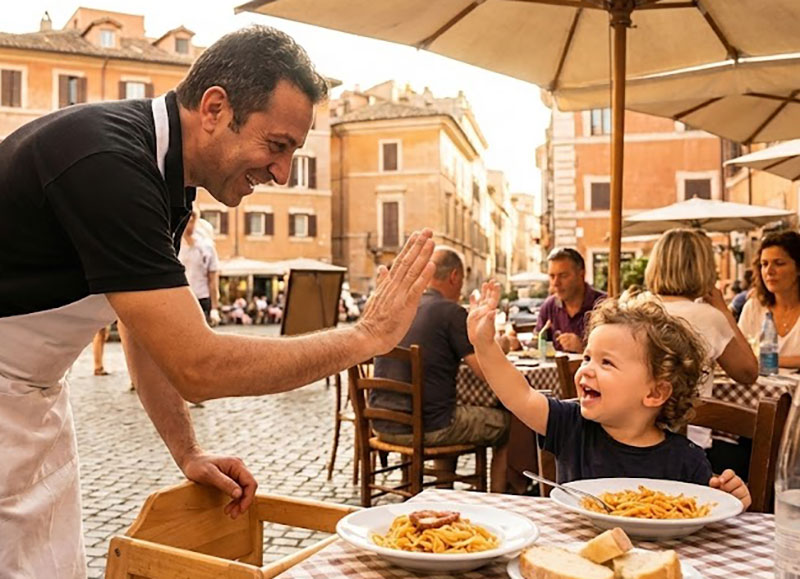 Friendly Italian waiter interacting with a child at a restaurant.