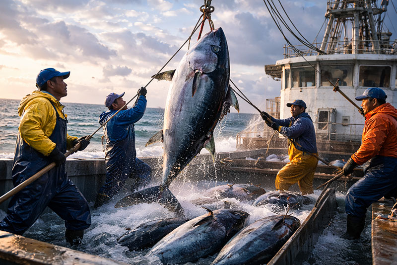 Japanese fishermen hauling a giant bluefin tuna aboard a fishing vessel, highlighting overfishing concerns in Japan