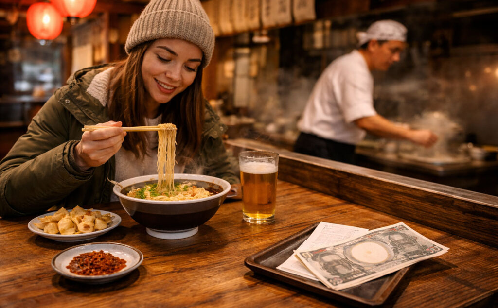 A solo female traveler eating ramen and gyoza at a wooden counter in a Japanese restaurant, with a receipt and Japanese Yen notes on a payment tray, illustrating the affordability of dining out in Japan.