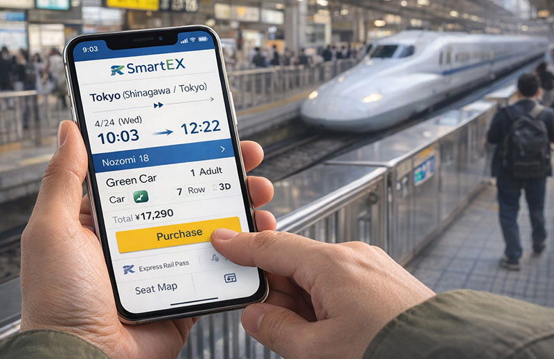 A person using the SmartEX app on a smartphone to purchase a Shinkansen ticket with a Nozomi bullet train in the background.