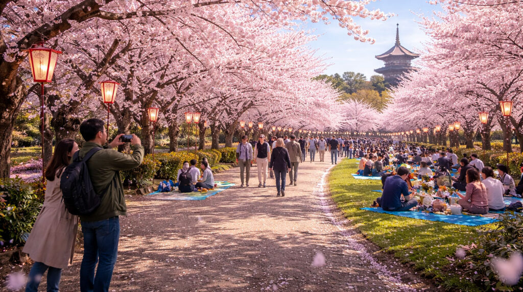 A vibrant spring scene in a Japanese park filled with crowds of people walking and enjoying picnics on blue mats under a canopy of blooming pink cherry blossom trees, with traditional paper lanterns hanging above and a five-story pagoda visible in the sunny distance.
