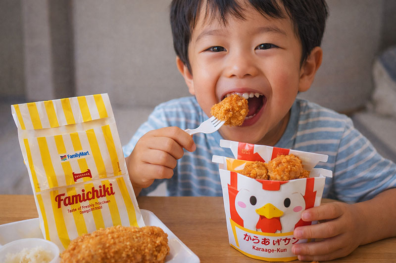 Child eating Japanese convenience store fried chicken, Famichiki from FamilyMart and Karaage-kun from Lawson