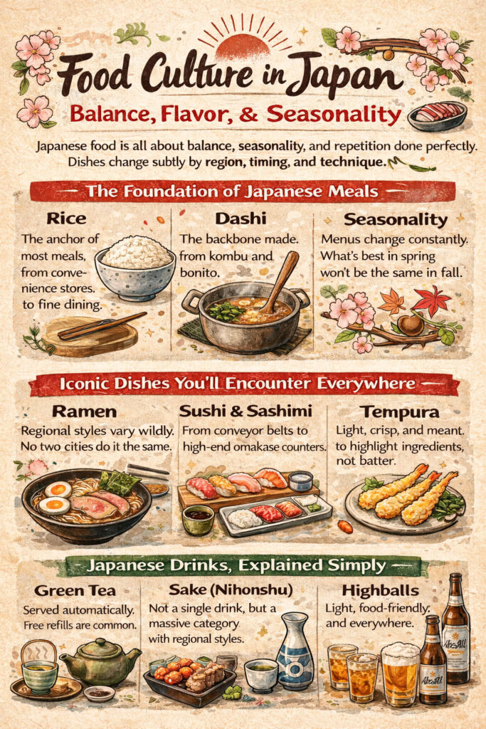 An illustrated infographic titled "Food Culture in Japan" breaking down the foundations of Japanese meals (rice, dashi, seasonality), iconic dishes like ramen and sushi, and popular drinks including green tea, sake, and highballs.
