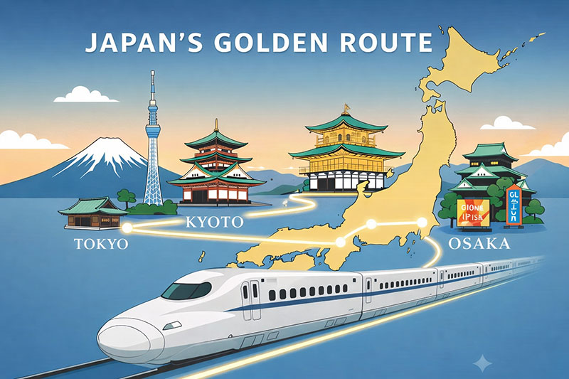 Illustration of Japan's Golden Route map showing the travel path from Tokyo to Osaka, featuring a Shinkansen bullet train in the foreground and landmarks like Mount Fuji, Tokyo Skytree, and Osaka Castle.