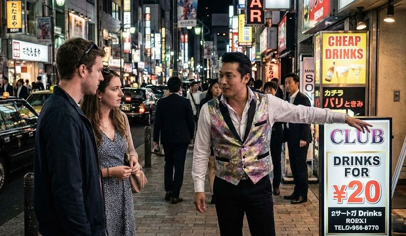 A street tout in a flashy vest trying to lure two tourists into a bar with a sign promising unreasonably cheap drinks in a neon-lit Tokyo entertainment district.