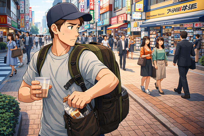 Anime-style illustration of a tourist in Tokyo holding trash and placing it into their backpack on a spotless, crowded street with no public trash cans visible
