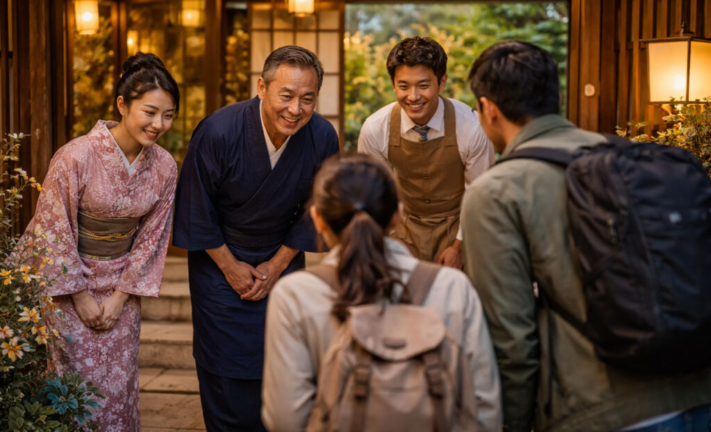Smiling Japanese ryokan staff, including a woman in a pink floral kimono and an older man in traditional navy blue workwear, bowing warmly to welcome two backpackers at the wooden entrance of a traditional inn.