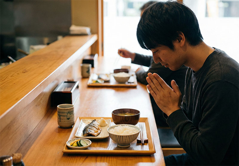 A close-up shot of a solo diner clasping their hands together in a gesture of gratitude ("itadakimasu") before a Japanese set meal at a quiet wooden counter.