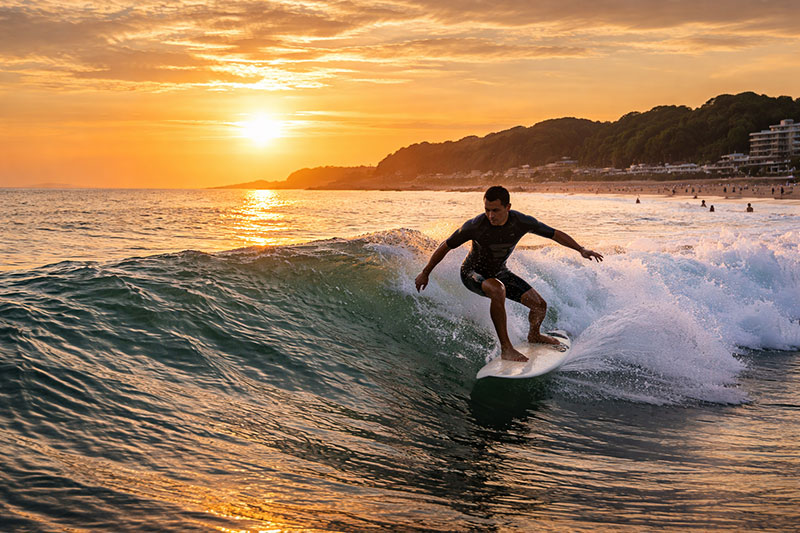 A male surfer riding a wave during a golden sunset on the Pacific coast of Japan, with the sun dipping below the horizon and a coastline of trees and buildings visible in the distance.