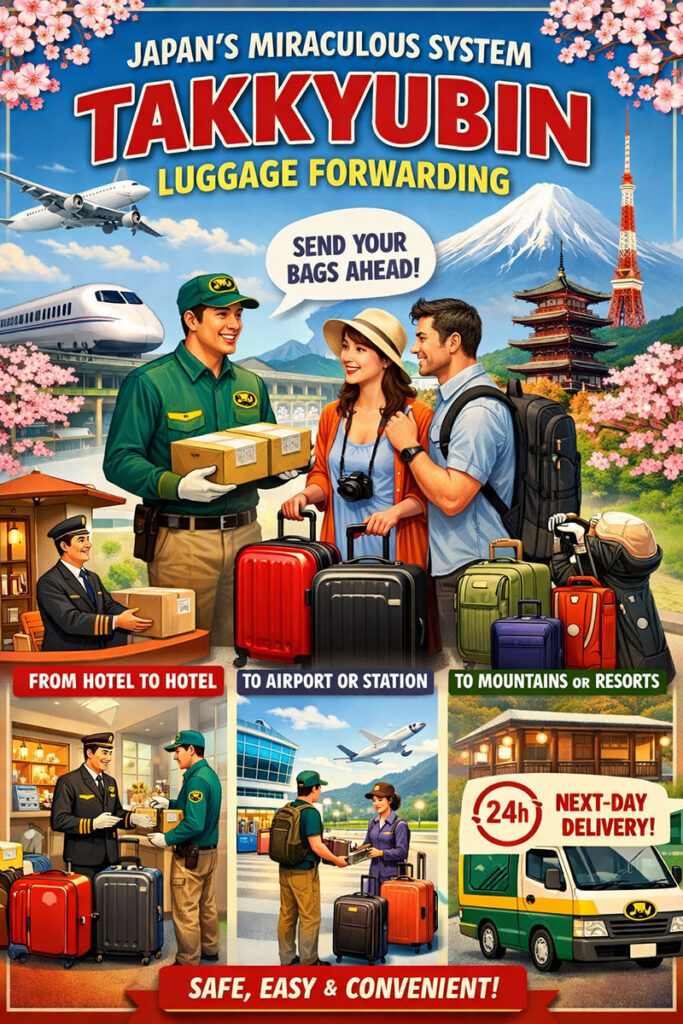 Illustration showing Japan’s takkyubin luggage forwarding service, with travelers sending suitcases ahead to hotels and destinations across Japan
