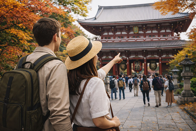 Couple of tourists visiting a traditional Japanese temple in autumn, standing on a stone walkway surrounded by fall foliage and other visitors