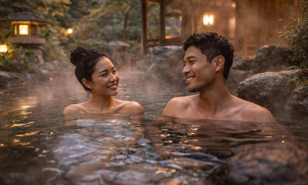 A smiling couple relaxing in a steaming outdoor rock onsen (hot spring) in Japan at dusk, surrounded by nature and the soft glow of traditional wooden lanterns at a ryokan.