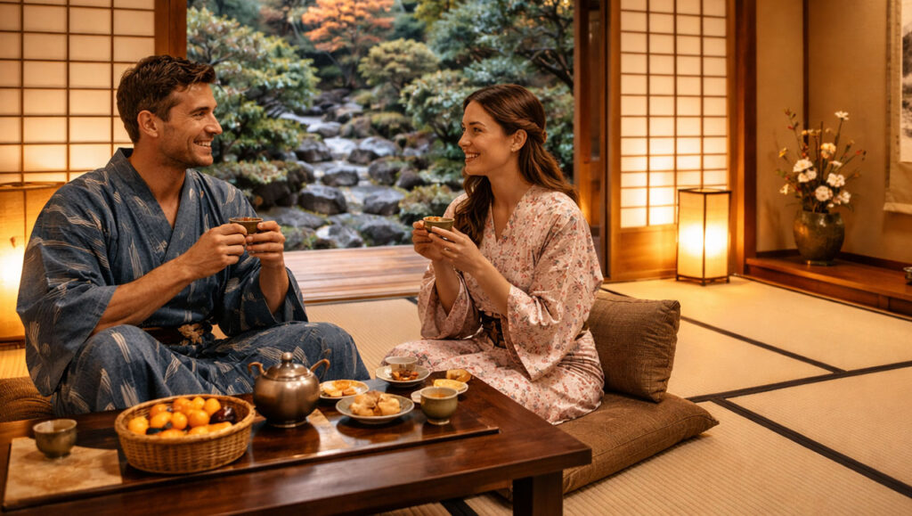A couple wearing traditional yukata robes sitting on tatami mats in a Japanese ryokan, drinking tea at a low wooden table with a view of a serene garden and stream through the open sliding doors.