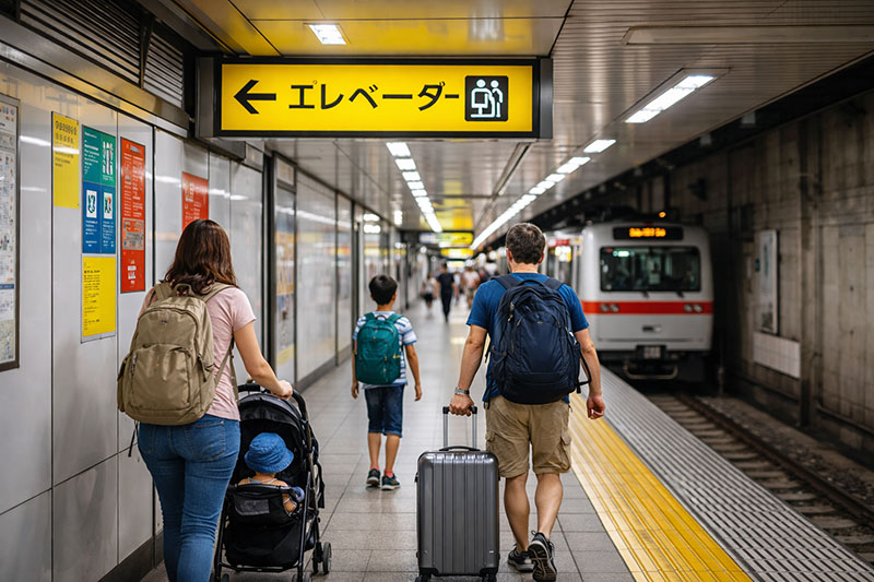 Elevators exist in almost every Japanese train station, but they are often located at the far ends of platforms. Always allow extra time when traveling with kids or strollers.