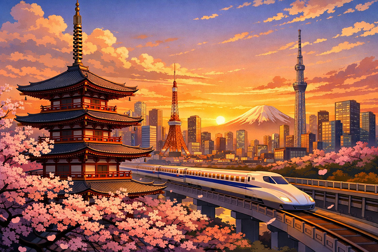 A traditional Japanese pagoda and cherry blossoms with a futuristic Tokyo skyline and a bullet train at sunset.