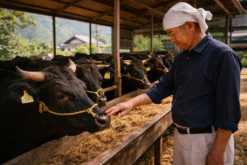 Japanese farmer tending wagyu cattle barn