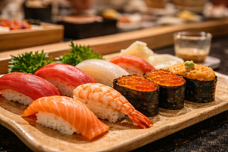 Close-up of a wooden platter featuring a variety of fresh sushi including salmon, boiled shrimp, lean tuna, squid, salmon roe, and sea urchin.