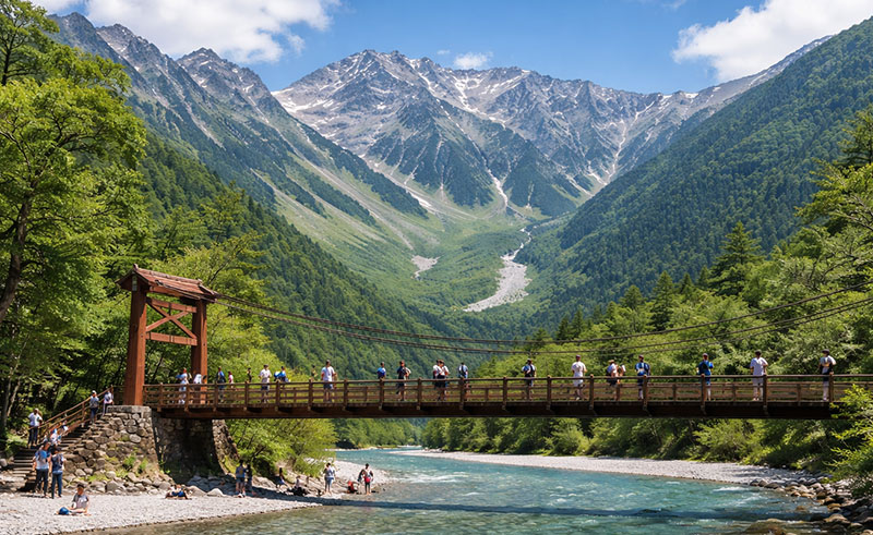 A scenic landscape of the wooden Kappa-bashi suspension bridge crossing the turquoise Azusa River in Kamikochi, filled with hikers, with the dramatic snow-patched peaks of the Hotaka Mountain Range rising in the background under a blue sky.