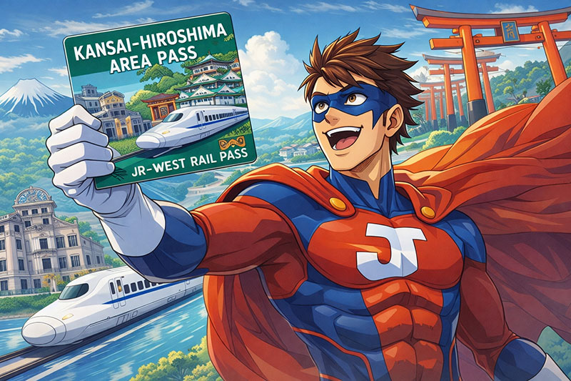An anime-style superhero character holding up a Kansai-Hiroshima Area Pass with a Shinkansen train, Itsukushima Shrine torii gate, and Osaka Castle in the background.