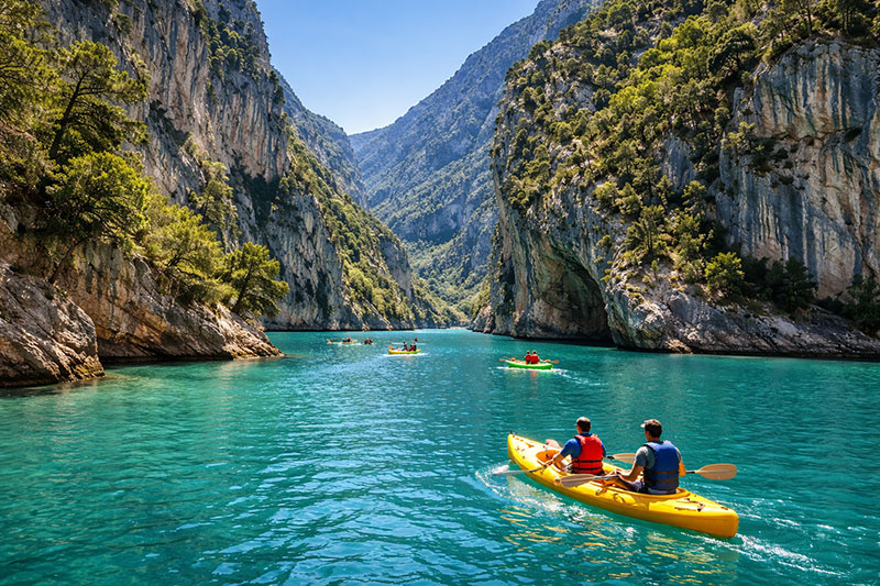 Kayakers paddling through the turquoise water of the Gorges du Verdon between steep limestone canyon walls in southern France.