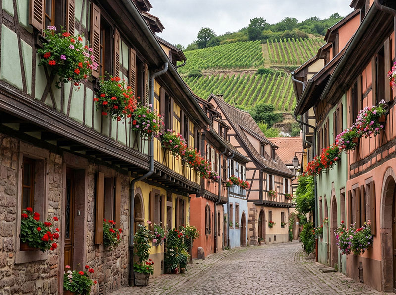 Colorful half-timbered houses and cobblestone streets in the village of Kaysersberg, Alsace.
