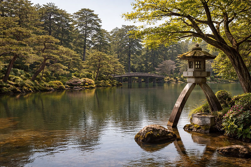 Kenrokuen Garden in Kanazawa with the iconic Kotoji-toro two-legged stone lantern beside a calm pond, manicured pine trees, and a wooden bridge
