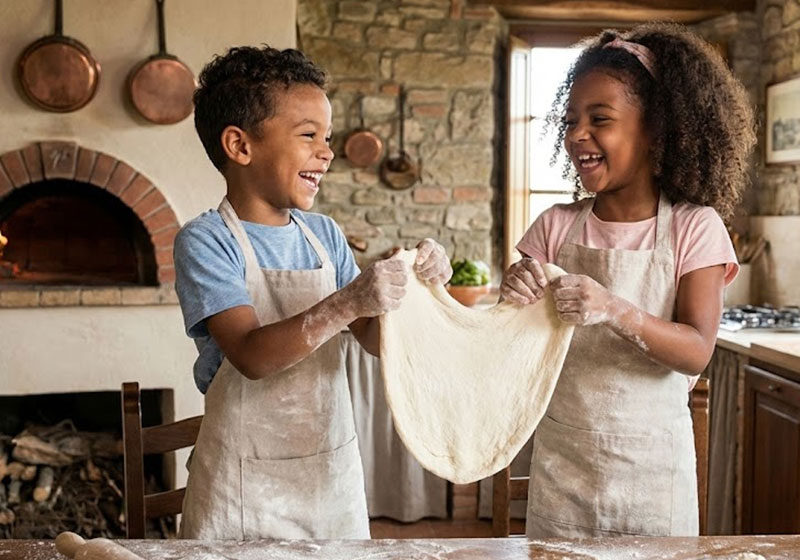 Children participating in a pizza-making workshop in Italy.