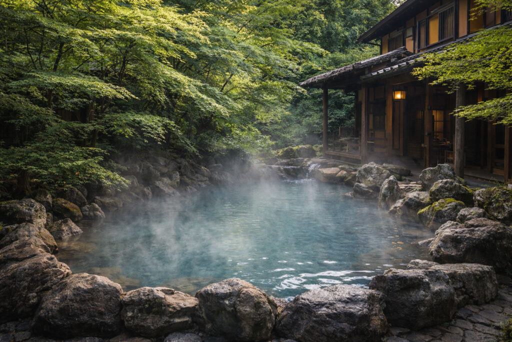 A serene outdoor hot spring (rotenburo) at Kurokawa Onsen in Kyushu, Japan, featuring steaming turquoise water surrounded by lush green foliage and traditional dark wood architecture.