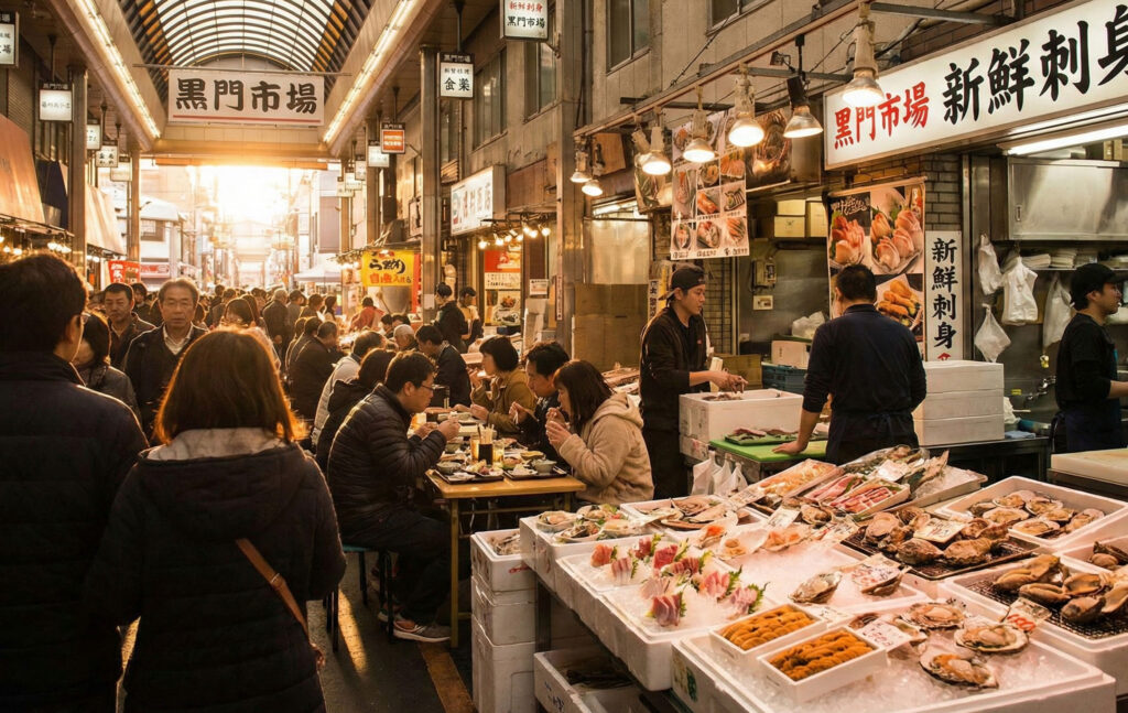 Fresh sashimi bowls and seafood displayed at a stall in Osaka's Kuromon Market, illuminated by warm golden hour sunlight filtering into the covered shopping arcade.