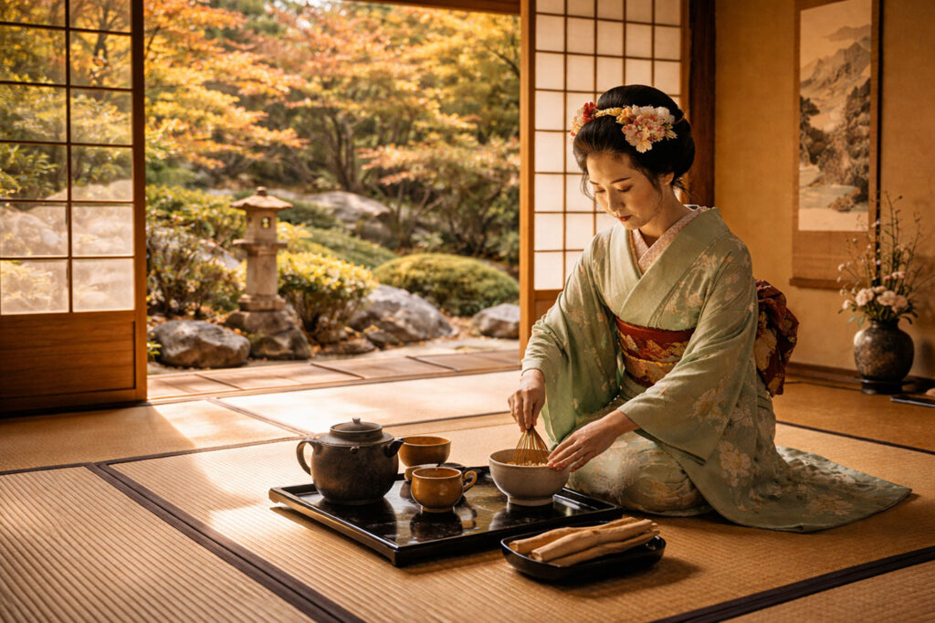 A woman in a light green kimono performing a traditional Japanese tea ceremony on tatami mats, using a bamboo whisk to mix matcha, with a serene autumn garden visible through the open shoji doors.