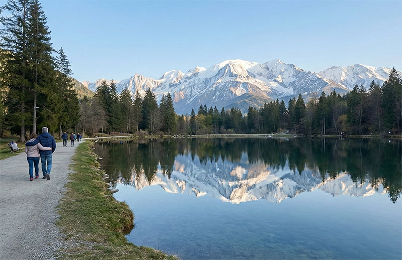 The reflection of Mont Blanc in the water at Lac des Gaillands park.
