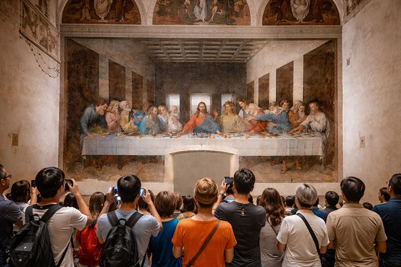 A large group of tourists viewing Leonardo da Vinci's The Last Supper mural in Milan.