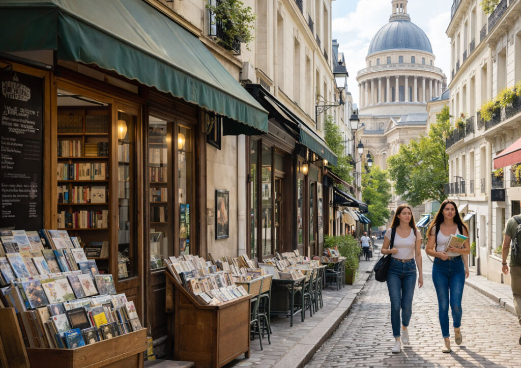A view of the Pantheon dome from a narrow, student-filled street in the Latin Quarter of Paris.