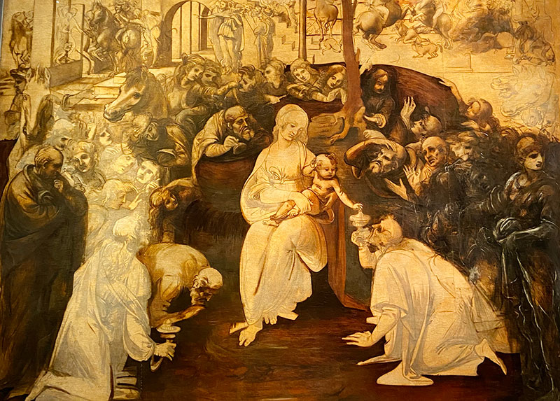 Leonardo da Vinci's unfinished painting The Adoration of the Magi on display at the Uffizi Gallery in Florence, showing detailed monochromatic underdrawings and a large crowd scene.