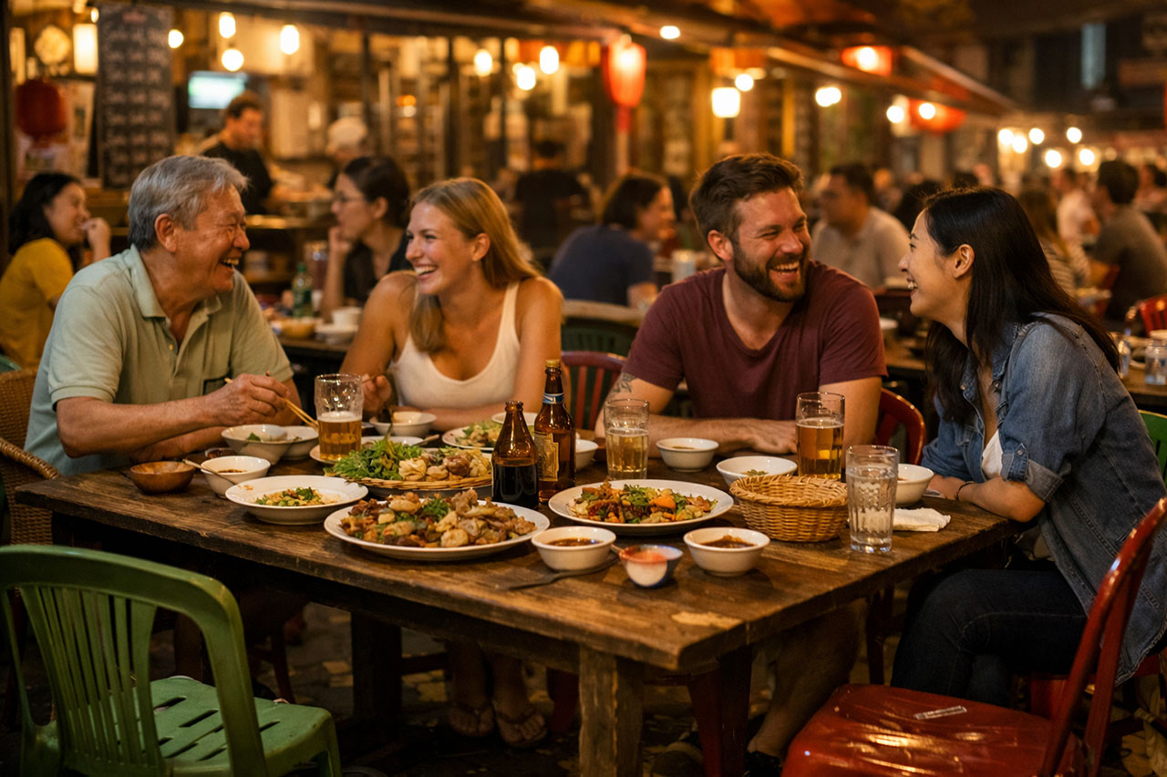 A lively local restaurant filled with people sharing traditional dishes at communal tables.
