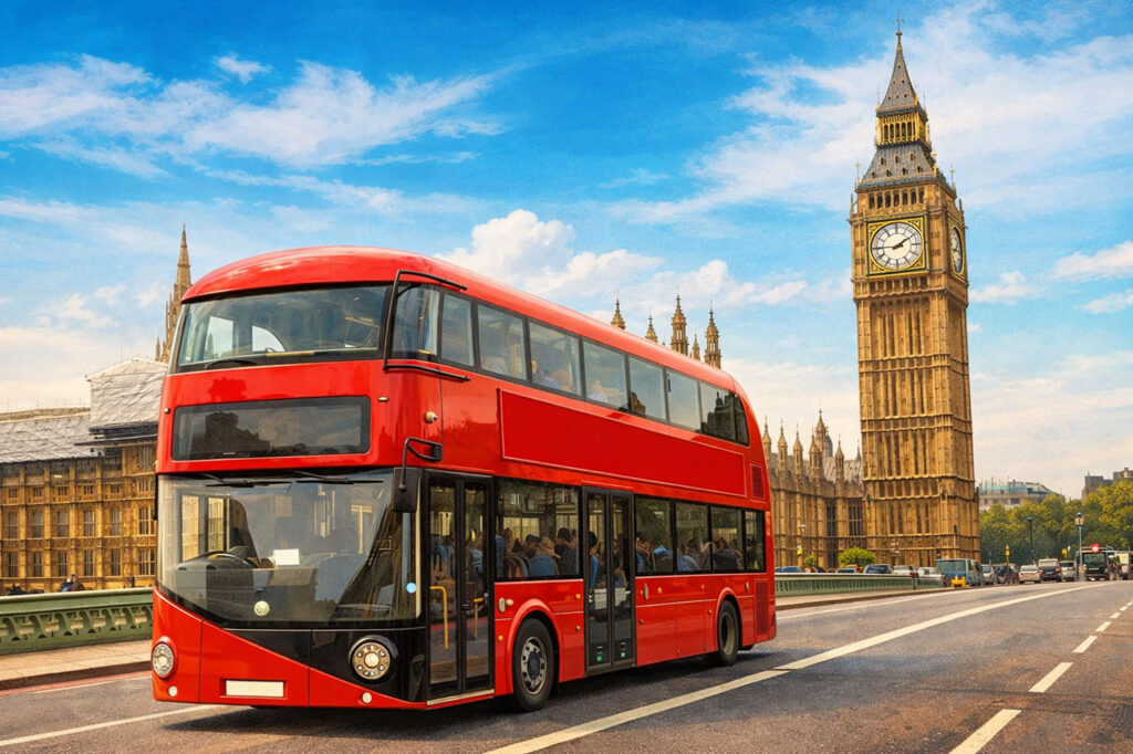 Vibrant guide-style landscape illustration of an iconic red double-decker bus on Westminster Bridge with Big Ben and the Houses of Parliament in the background.
