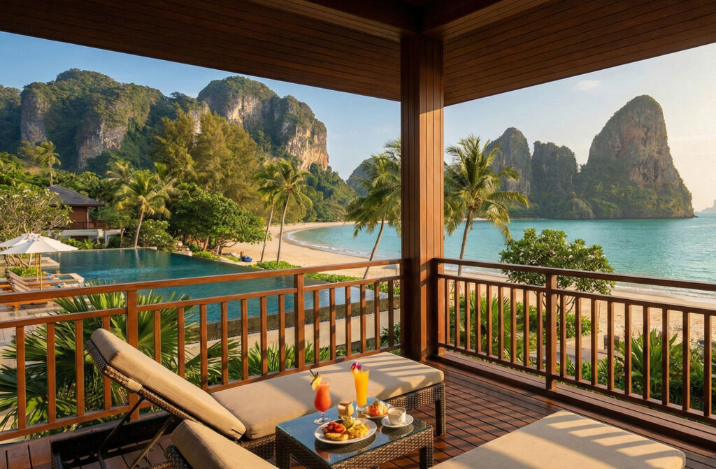 View from a luxury hotel balcony in Krabi, Thailand, featuring wooden lounge chairs, a tropical breakfast, and a panoramic view of the turquoise Andaman Sea and limestone cliffs