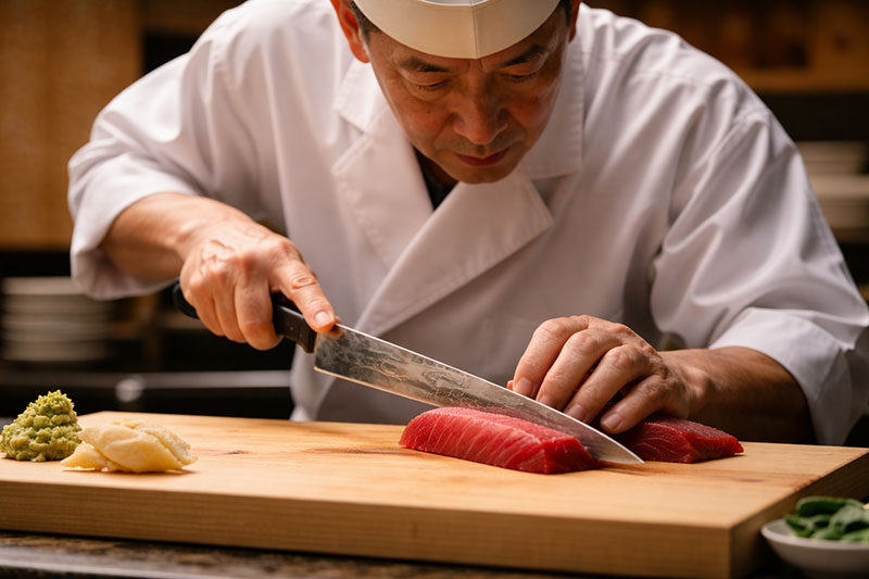 Close-up of a master Japanese sushi chef focusing intensely while slicing a block of fresh red tuna with a traditional sharp knife on a wooden cutting board