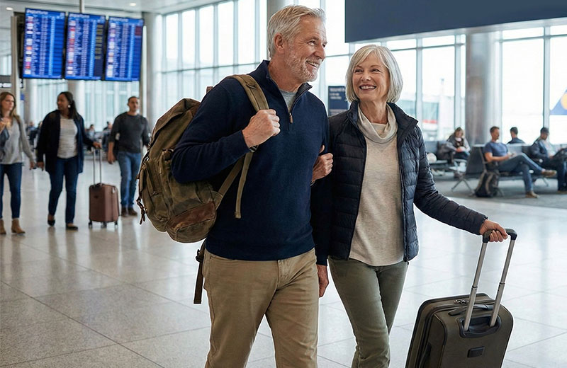 A smiling senior couple walking confidently through a bright, modern airport terminal, each traveling light with only a single carry-on bag.