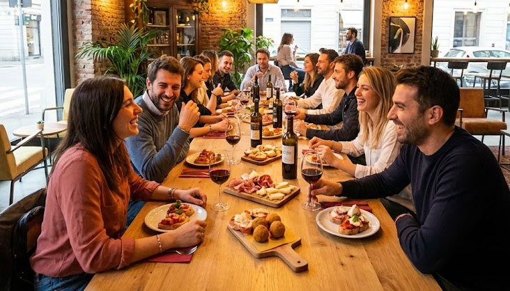 Travelers meeting and sharing food at a social boutique hotel in Italy.
