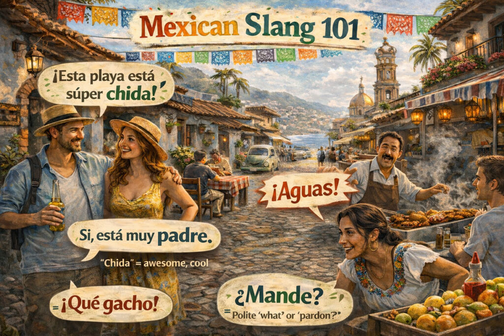 travelers in Puerto Vallarta using corrected Mexican slang including 'Esta playa está súper chida' and 'Sí, está muy padre' in speech bubbles