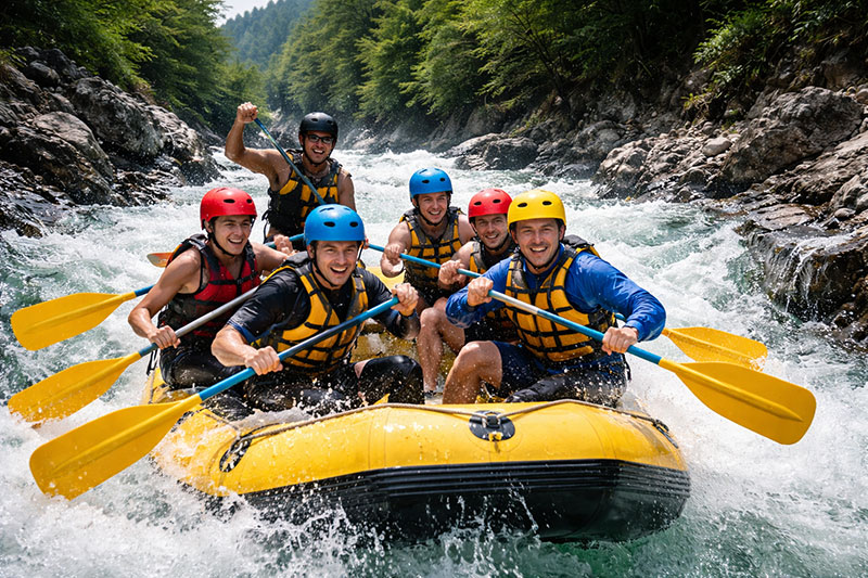 A dynamic action shot of a smiling group of travelers paddling a yellow raft through splashing white-water rapids on the Tone River in Minakami, Japan, surrounded by a lush green forest gorge.